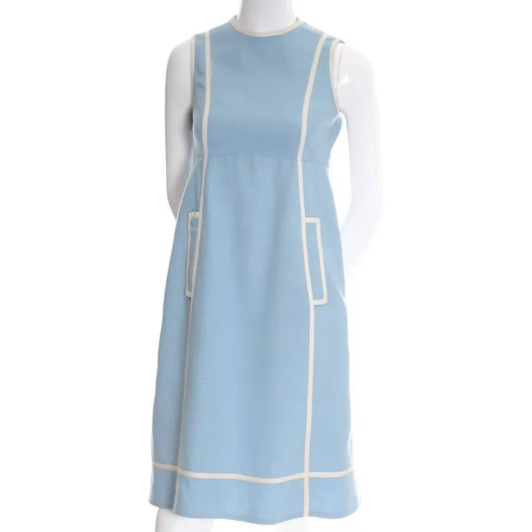 1960s Geoffrey Beene Blue Linen Sleeveless Dress with Empire Waist