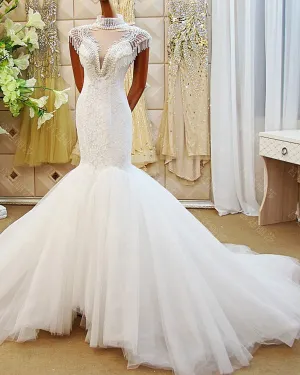 2018 Sexy Mermaid Wedding Dresses with Pearls High-Neck Cap Sleeves Bridal Gowns Real