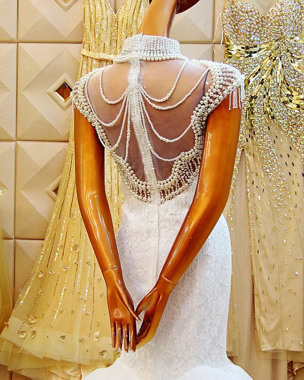 2018 Sexy Mermaid Wedding Dresses with Pearls High-Neck Cap Sleeves Bridal Gowns Real
