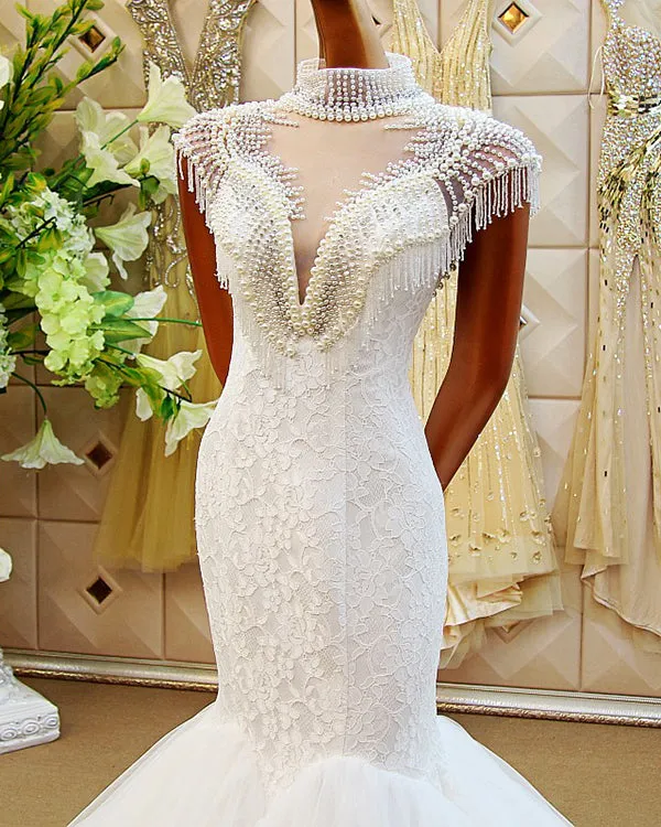 2018 Sexy Mermaid Wedding Dresses with Pearls High-Neck Cap Sleeves Bridal Gowns Real