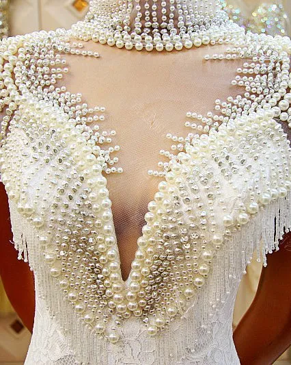 2018 Sexy Mermaid Wedding Dresses with Pearls High-Neck Cap Sleeves Bridal Gowns Real