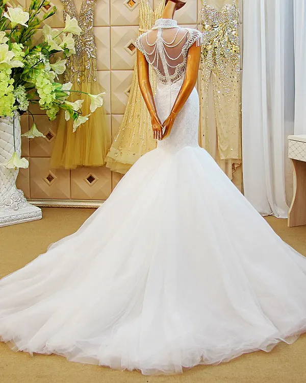 2018 Sexy Mermaid Wedding Dresses with Pearls High-Neck Cap Sleeves Bridal Gowns Real