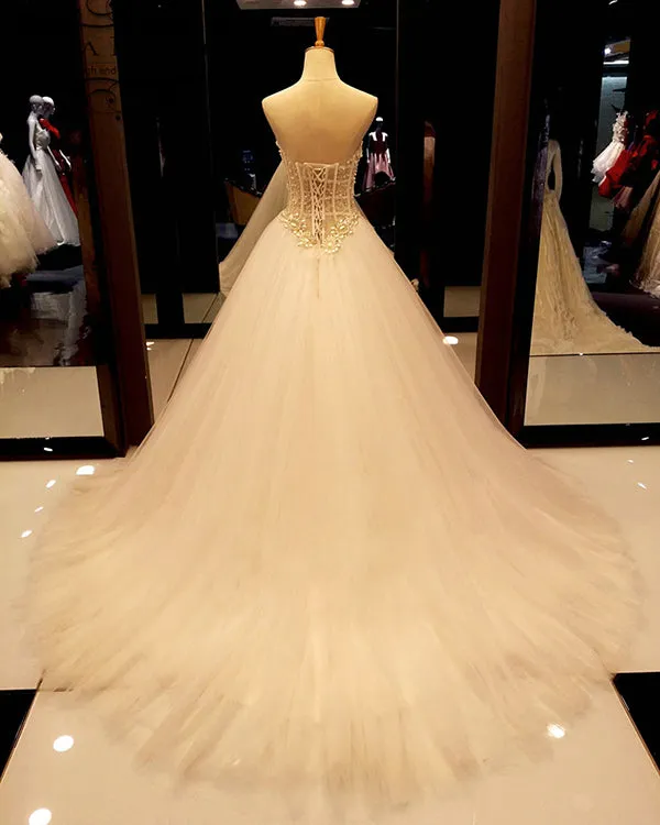 2019 Strapless Sweetheart Pearls Beading Patterns Sexy See Through Luxury Real Photo Wedding Dresses Bridal Gowns