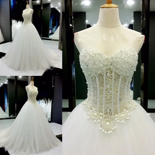 2019 Strapless Sweetheart Pearls Beading Patterns Sexy See Through Luxury Real Photo Wedding Dresses Bridal Gowns