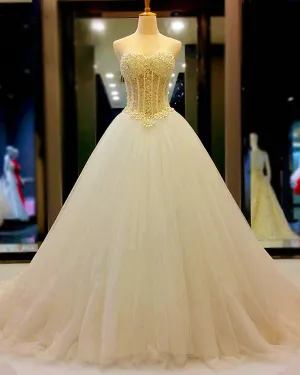 2019 Strapless Sweetheart Pearls Beading Patterns Sexy See Through Luxury Real Photo Wedding Dresses Bridal Gowns