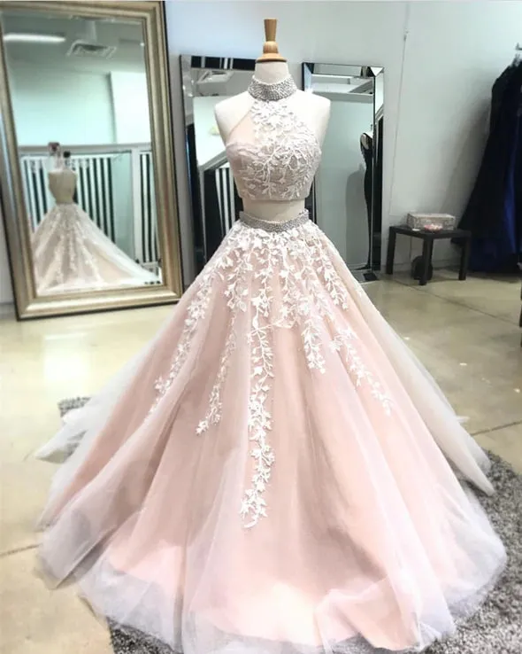 2024 Champagne Two Piece Prom Dresses UK High Neck Lace Evening Dress