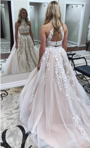 2024 Champagne Two Piece Prom Dresses UK High Neck Lace Evening Dress