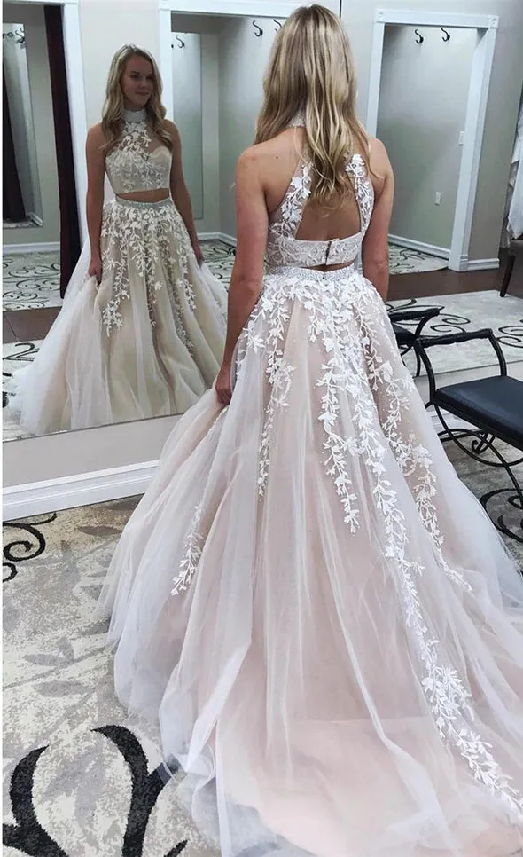 2024 Champagne Two Piece Prom Dresses UK High Neck Lace Evening Dress