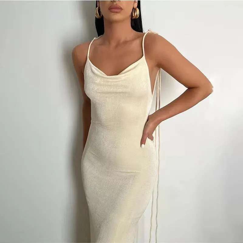 2024 New Sexy Solid Backless Maxi Elegant Spaghetti Strap Slim Summer Beach Dress