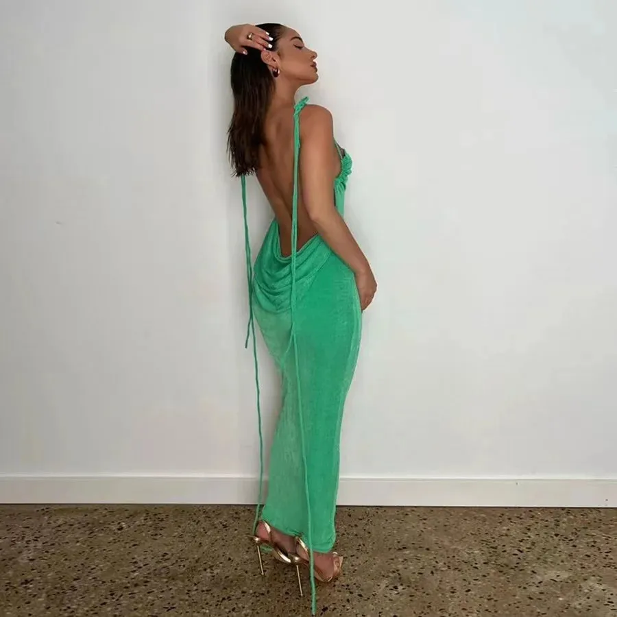 2024 New Sexy Solid Backless Maxi Elegant Spaghetti Strap Slim Summer Beach Dress