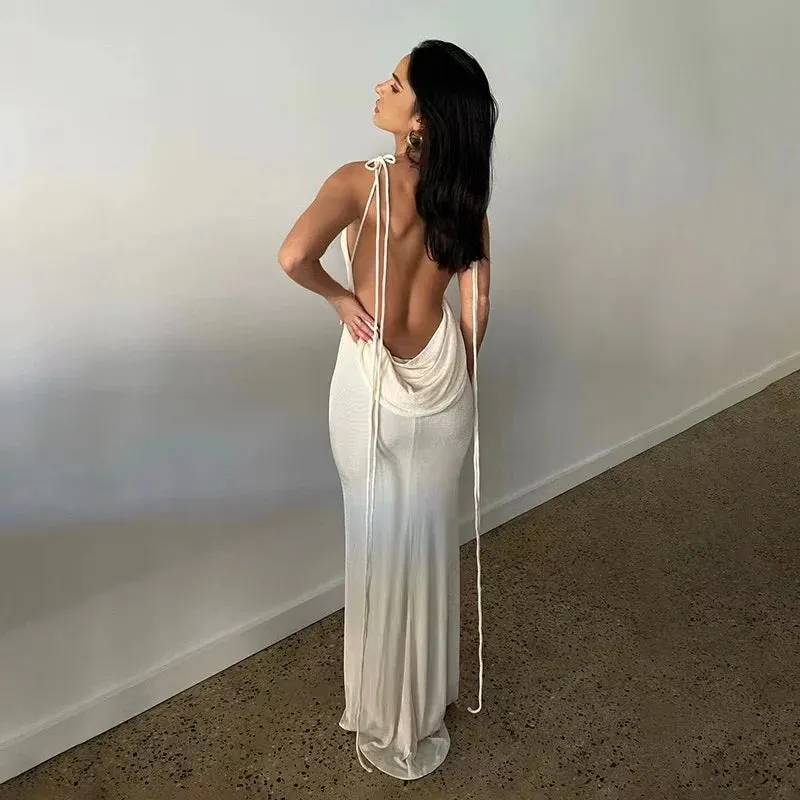 2024 New Sexy Solid Backless Maxi Elegant Spaghetti Strap Slim Summer Beach Dress