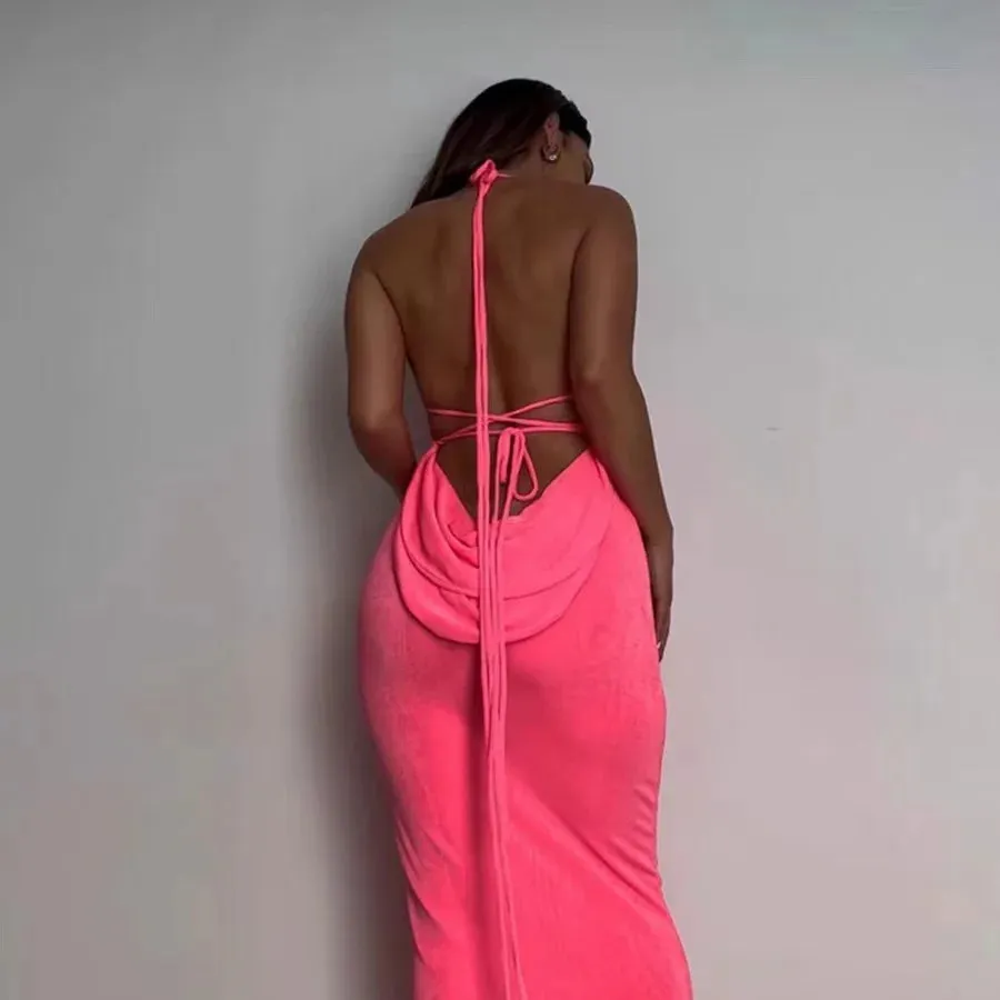 2024 New Sexy Solid Backless Maxi Elegant Spaghetti Strap Slim Summer Beach Dress
