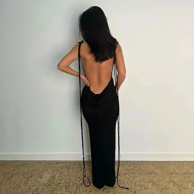 2024 New Sexy Solid Backless Maxi Elegant Spaghetti Strap Slim Summer Beach Dress