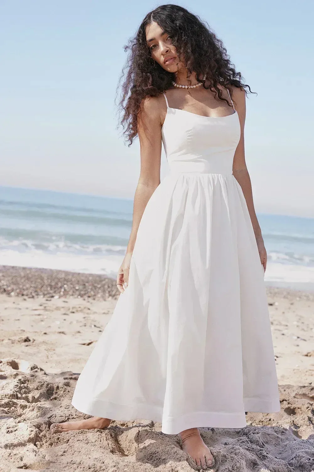 2024 Women's Pink Elegant White Vacation Spaghetti Strap Beach A Line Party Casual Midi Dress