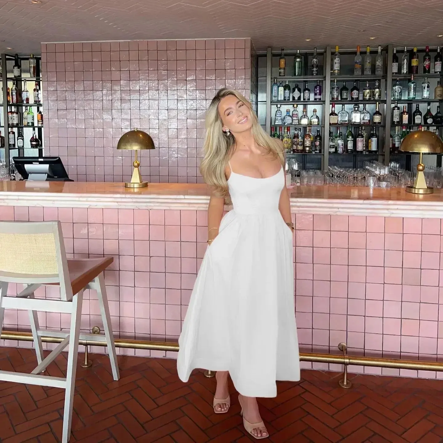 2024 Women's Pink Elegant White Vacation Spaghetti Strap Beach A Line Party Casual Midi Dress