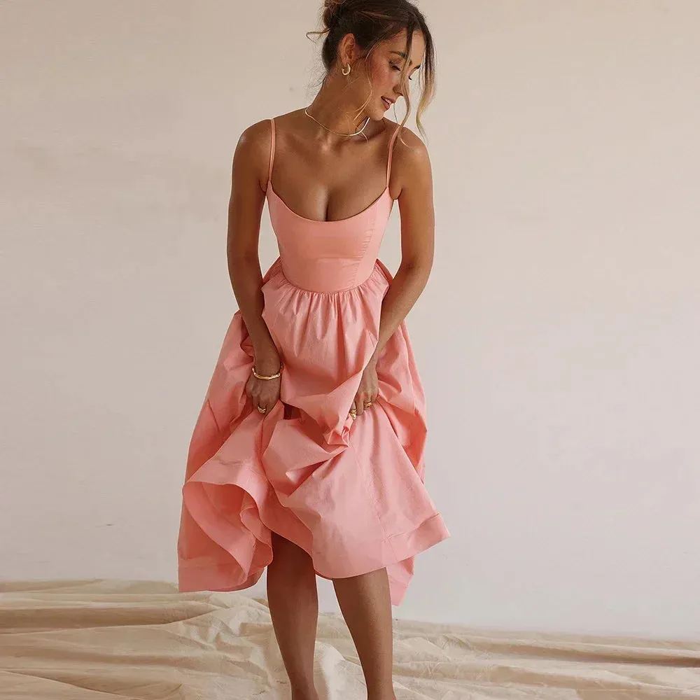 2024 Women's Pink Elegant White Vacation Spaghetti Strap Beach A Line Party Casual Midi Dress