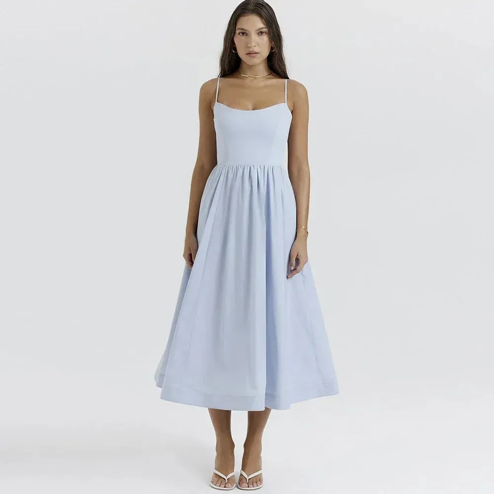 2024 Women's Pink Elegant White Vacation Spaghetti Strap Beach A Line Party Casual Midi Dress