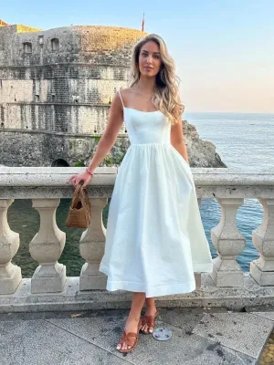 2024 Women's Pink Elegant White Vacation Spaghetti Strap Beach A Line Party Casual Midi Dress