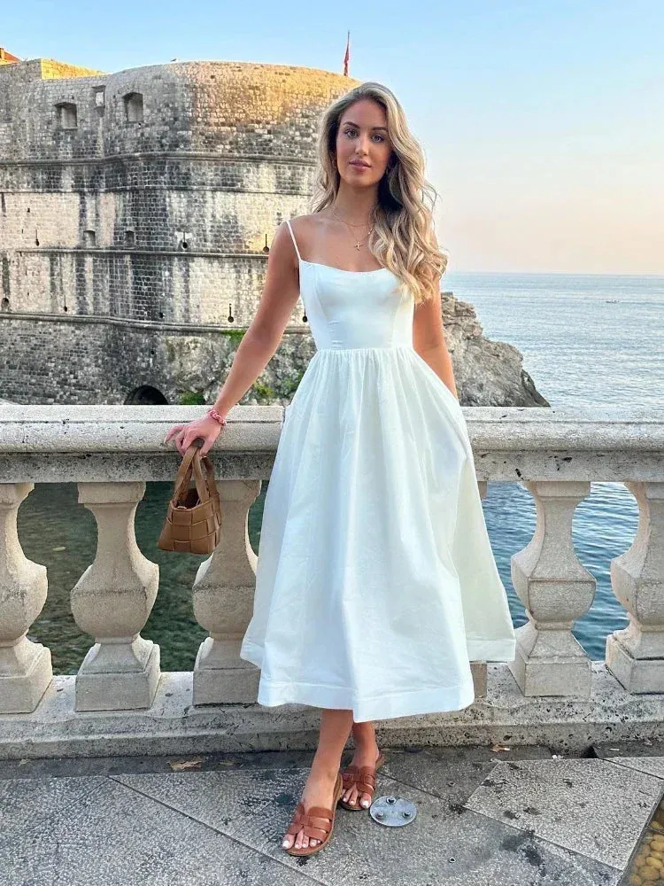 2024 Women's Pink Elegant White Vacation Spaghetti Strap Beach A Line Party Casual Midi Dress