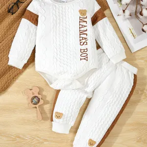 2pcs Infant Boys Long Sleeve Outfit, Polyester, Cable Knit, Casual Solid Color with Embroidered Lettering, Regular Fit, Autumn/Winter Collection.