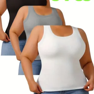 3-Piece Plus Size Ribbed Sleeveless Tank Tops with Built-In Bra – Comfortable & Stretchy Fit