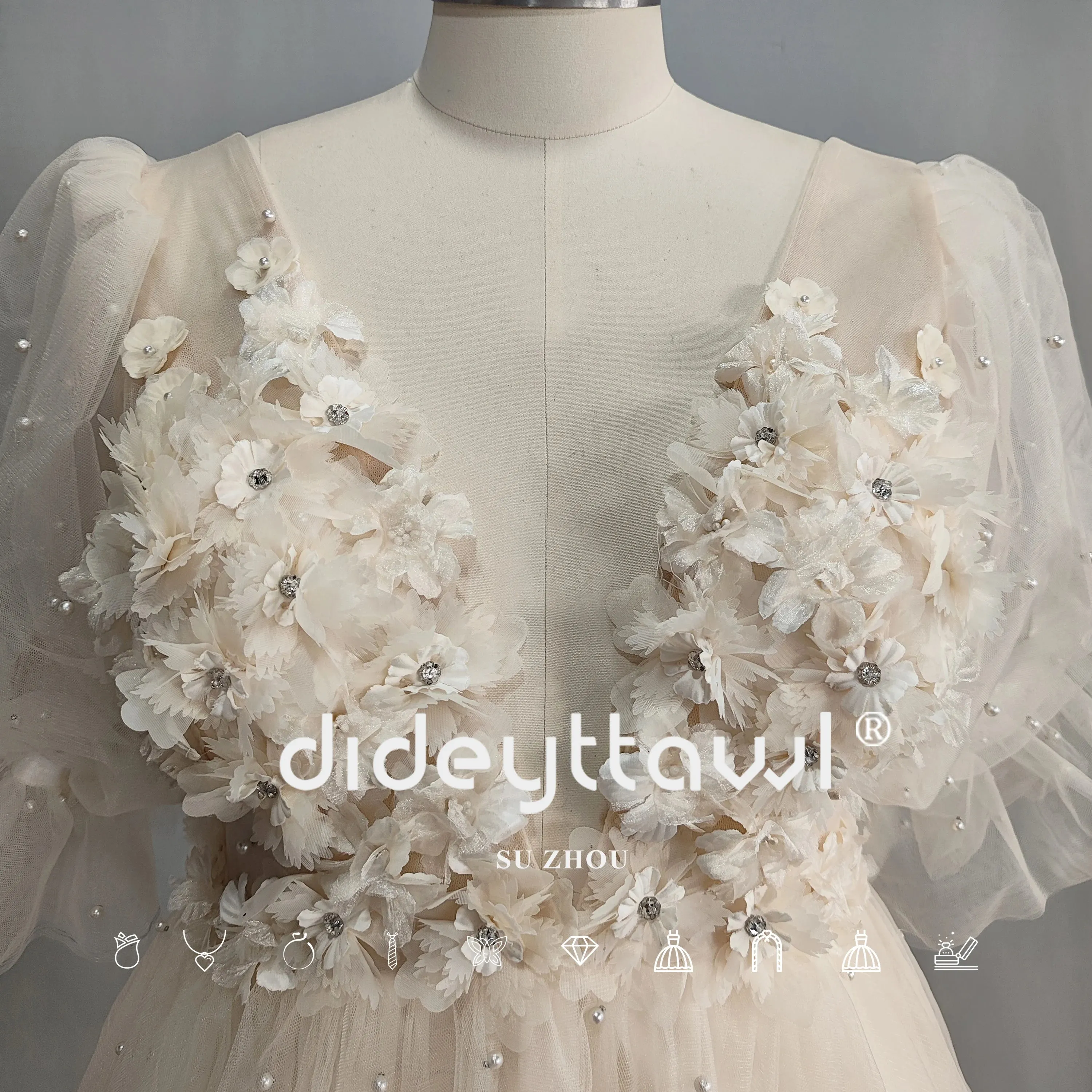 3D Flowers Puff Sleeves Short Wedding Dress