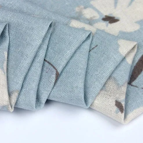 57” Width Almond Blossom like Flowers Print Vintage Blue Cotton Linen Art Fabric by the Yard