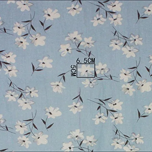 57” Width Almond Blossom like Flowers Print Vintage Blue Cotton Linen Art Fabric by the Yard