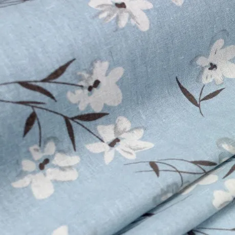 57” Width Almond Blossom like Flowers Print Vintage Blue Cotton Linen Art Fabric by the Yard