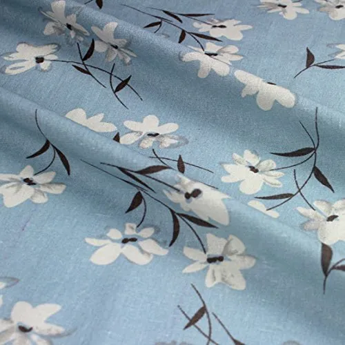 57” Width Almond Blossom like Flowers Print Vintage Blue Cotton Linen Art Fabric by the Yard