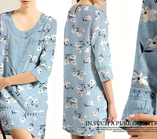 57” Width Almond Blossom like Flowers Print Vintage Blue Cotton Linen Art Fabric by the Yard