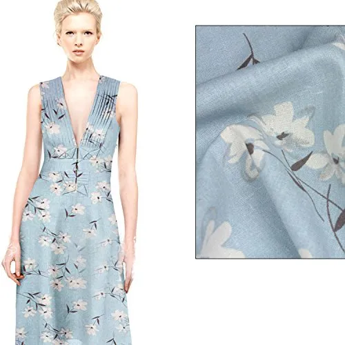 57” Width Almond Blossom like Flowers Print Vintage Blue Cotton Linen Art Fabric by the Yard