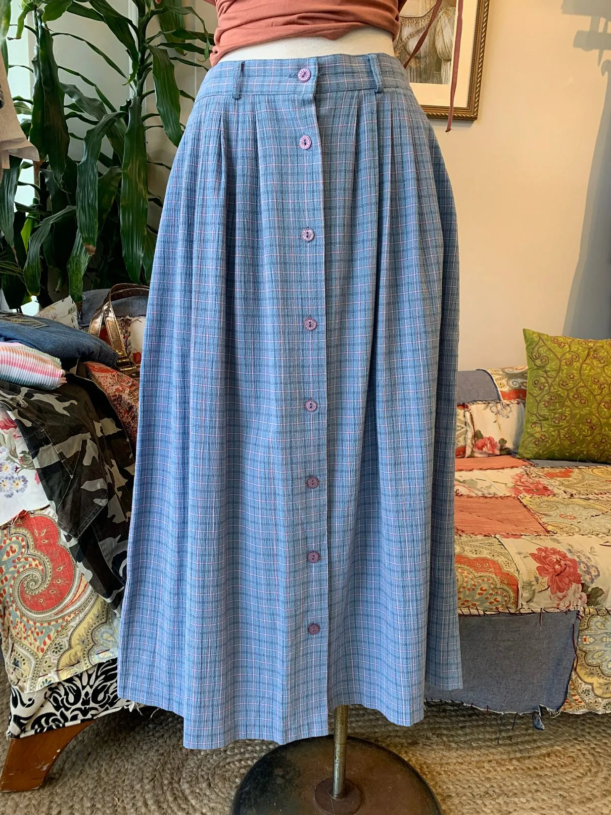 80s 90s Blue Plaid Maxi