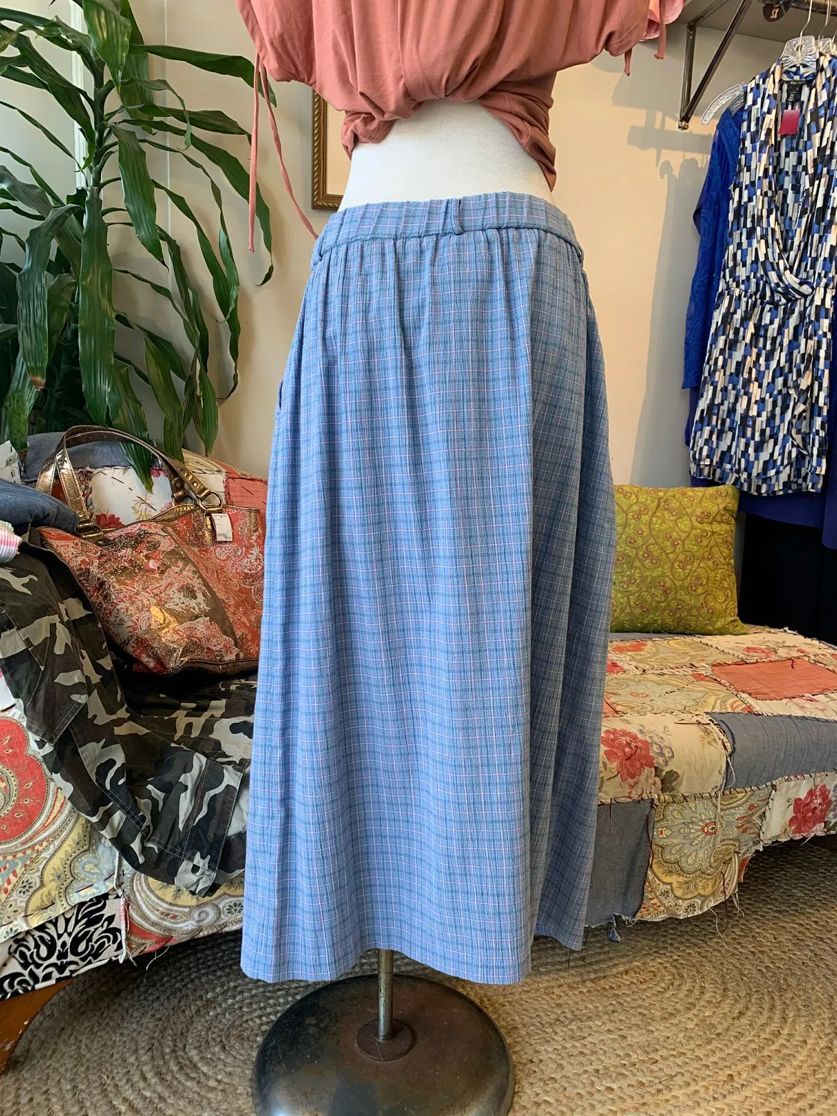 80s 90s Blue Plaid Maxi