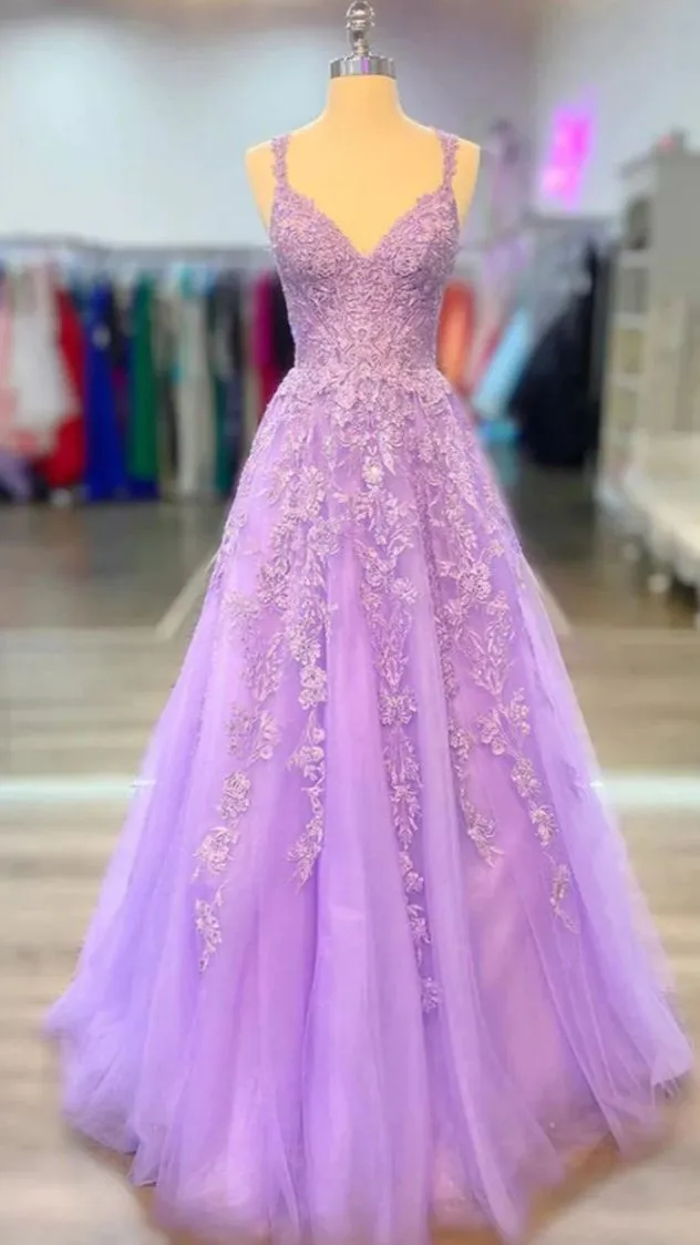 A-line Lilac Tulle 2025 Prom Dresses Violet V-neck Formal Evening Dresses UK