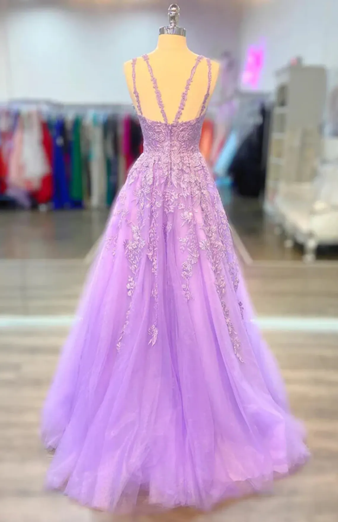 A-line Lilac Tulle 2025 Prom Dresses Violet V-neck Formal Evening Dresses UK
