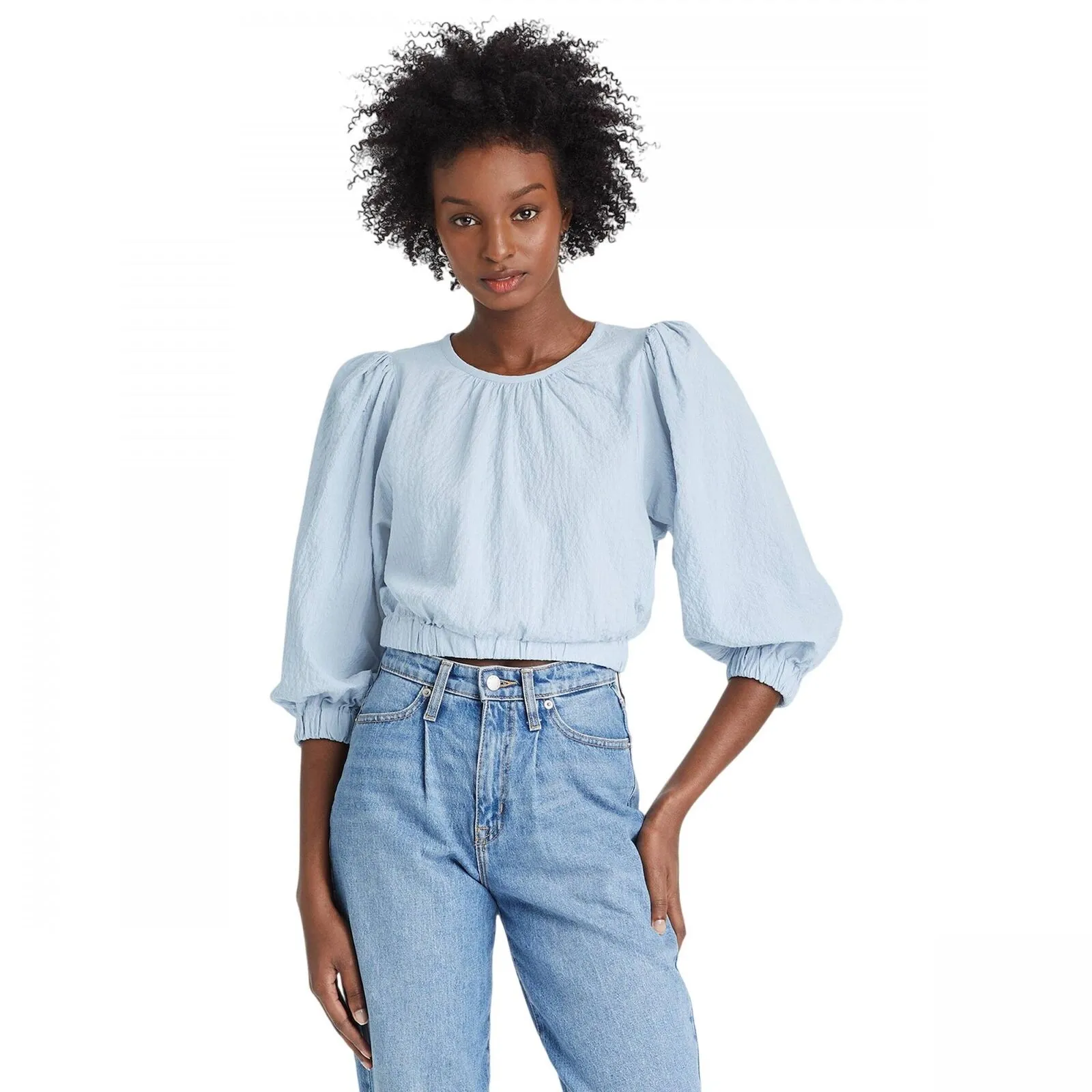 A New Day Women's 3/4 Sleeve Bubble Hem Top 83908767 Blue Striped L