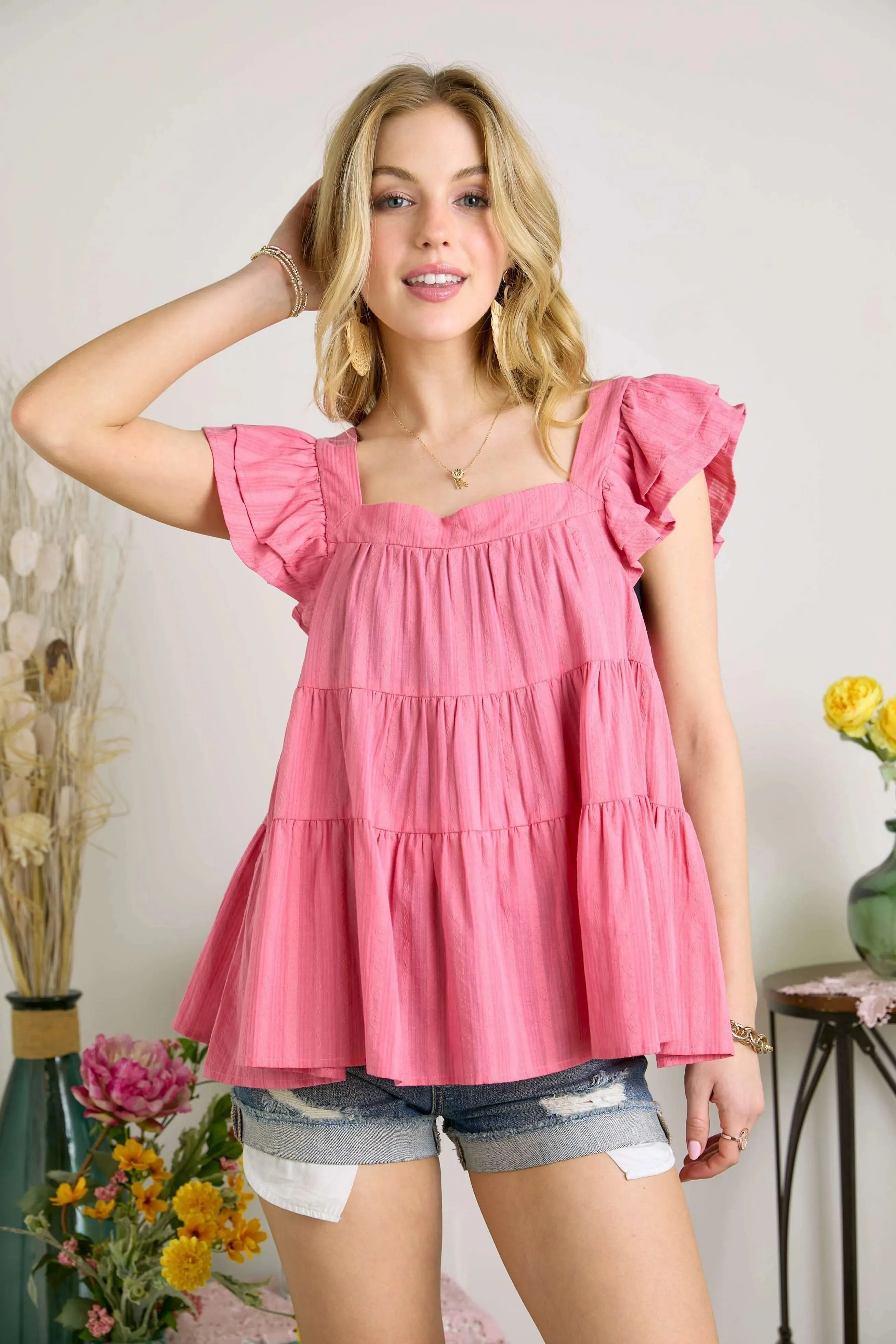 ADORA Ruffle Sleeve Babydoll Tunic Top
