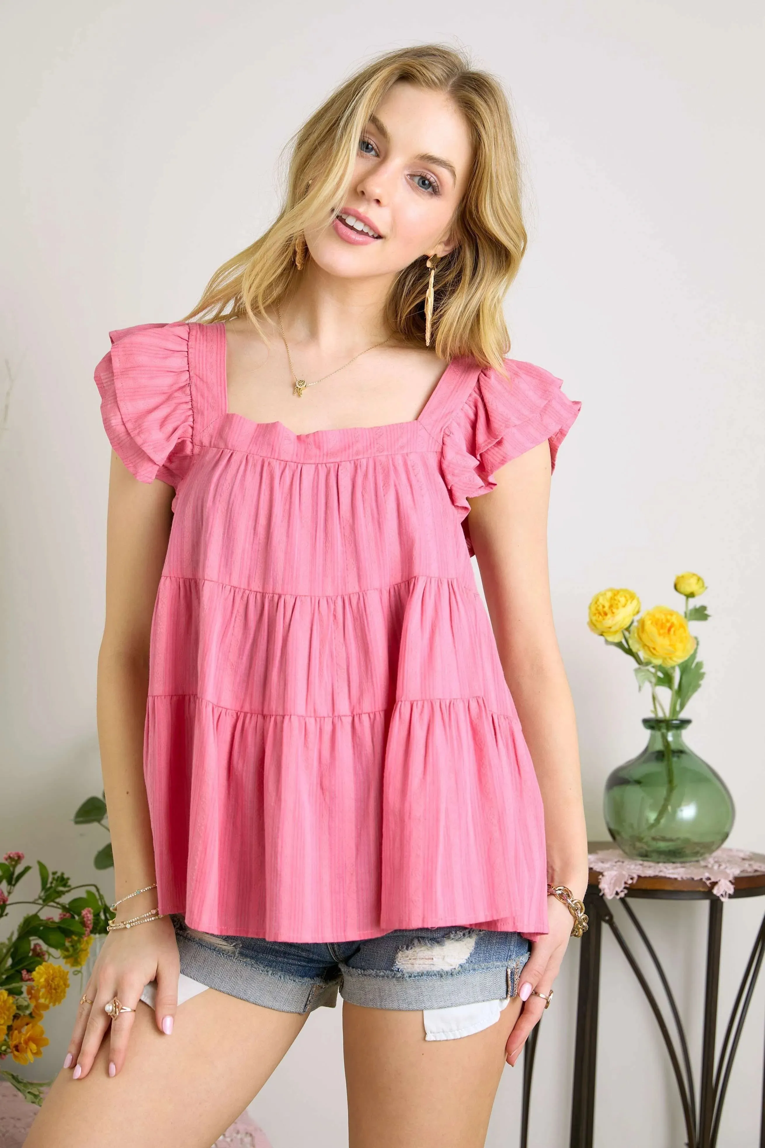 ADORA Ruffle Sleeve Babydoll Tunic Top