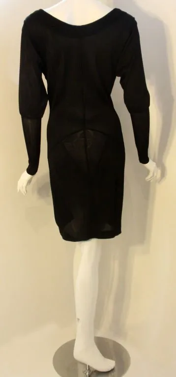 ALAÏA 1990s Black Sheer Jersey Long Sleeve Scoop Neck Dress
