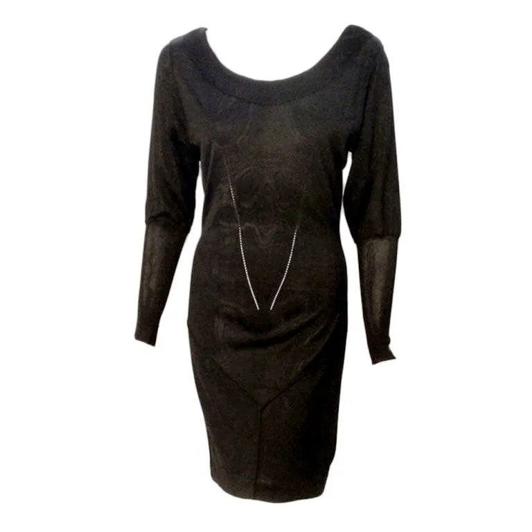 ALAÏA 1990s Black Sheer Jersey Long Sleeve Scoop Neck Dress