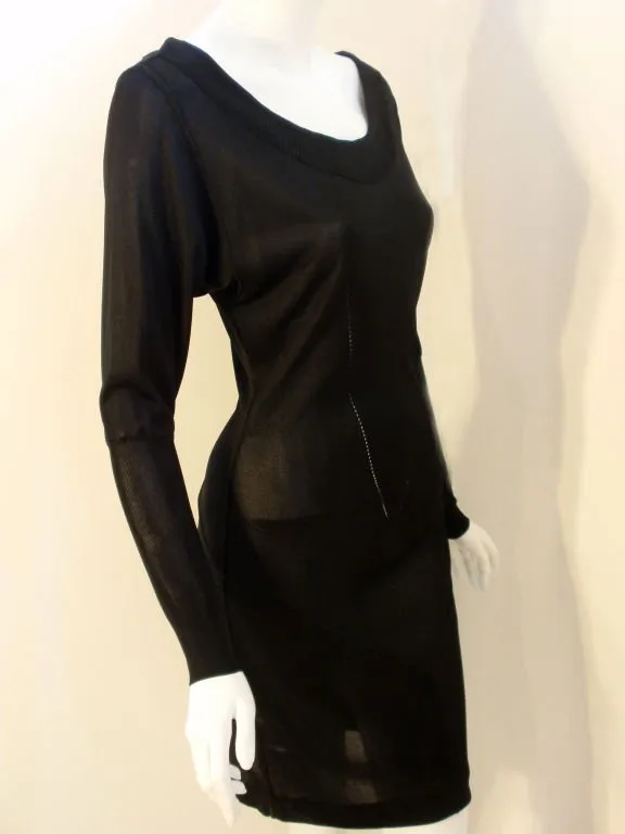 ALAÏA 1990s Black Sheer Jersey Long Sleeve Scoop Neck Dress