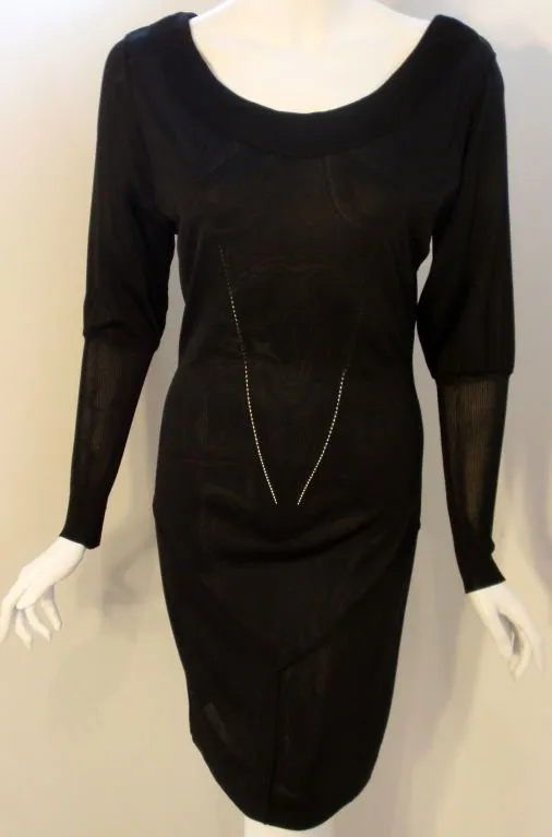 ALAÏA 1990s Black Sheer Jersey Long Sleeve Scoop Neck Dress