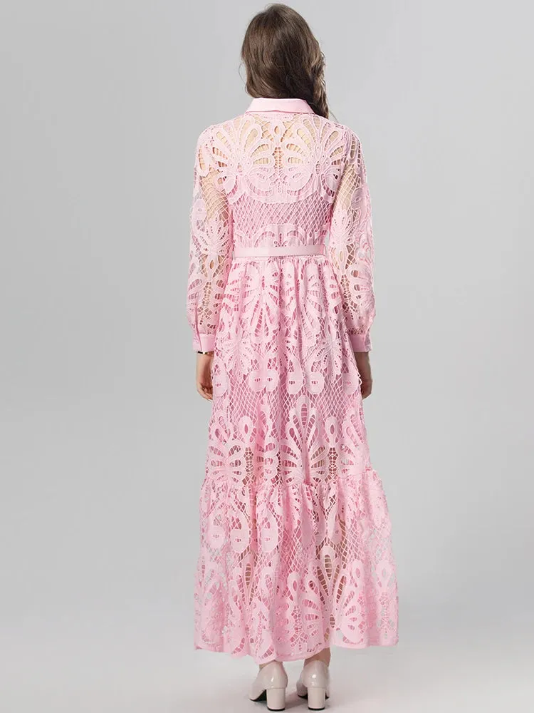 Aleah Lantern Sleeve Single Breasted  Lace-Up Vintage Mixi Dress