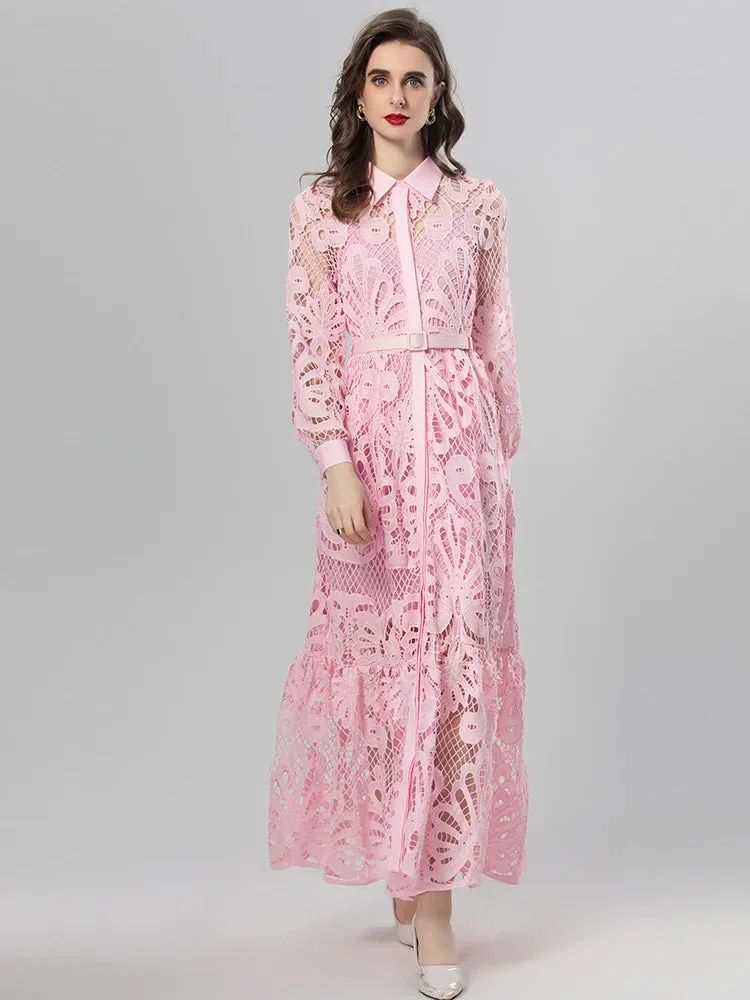 Aleah Lantern Sleeve Single Breasted  Lace-Up Vintage Mixi Dress