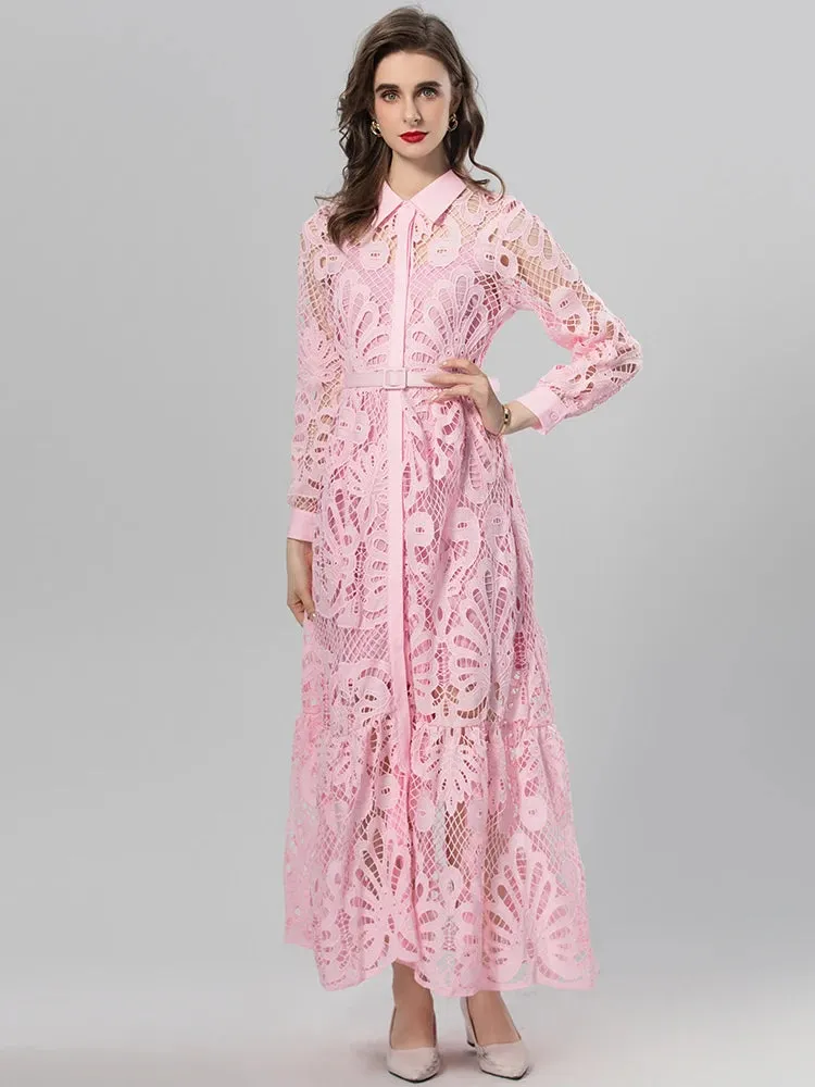 Aleah Lantern Sleeve Single Breasted  Lace-Up Vintage Mixi Dress