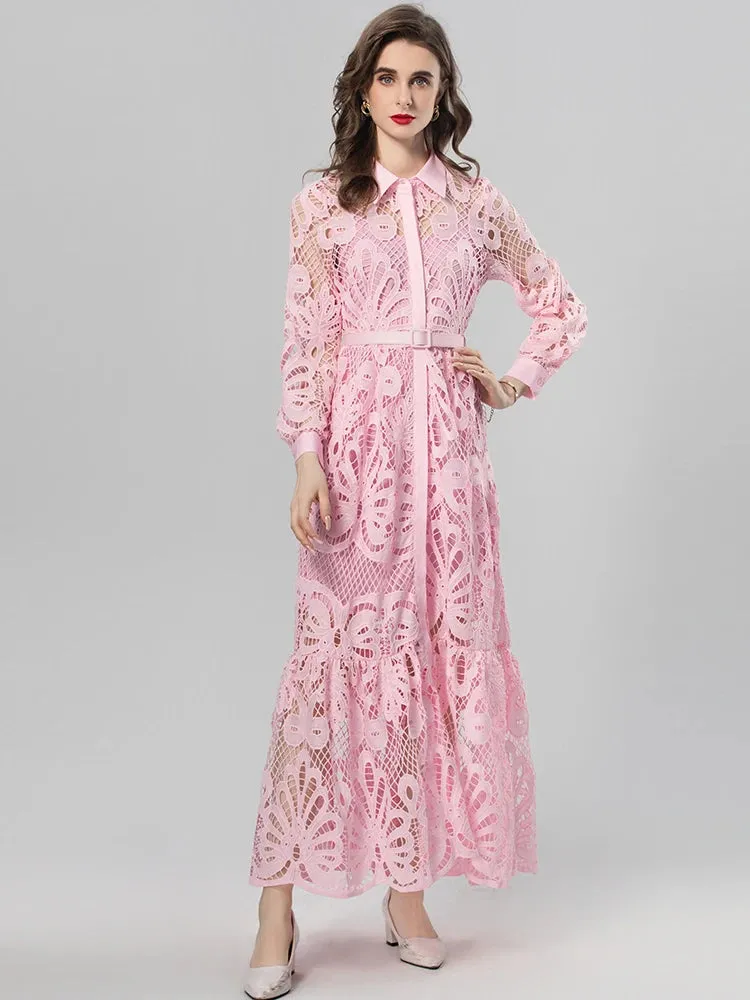 Aleah Lantern Sleeve Single Breasted  Lace-Up Vintage Mixi Dress