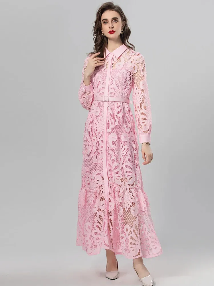 Aleah Lantern Sleeve Single Breasted  Lace-Up Vintage Mixi Dress