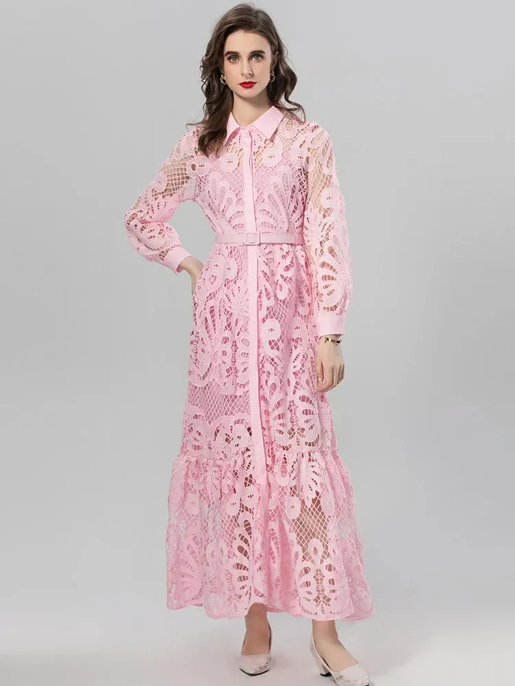 Aleah Lantern Sleeve Single Breasted  Lace-Up Vintage Mixi Dress