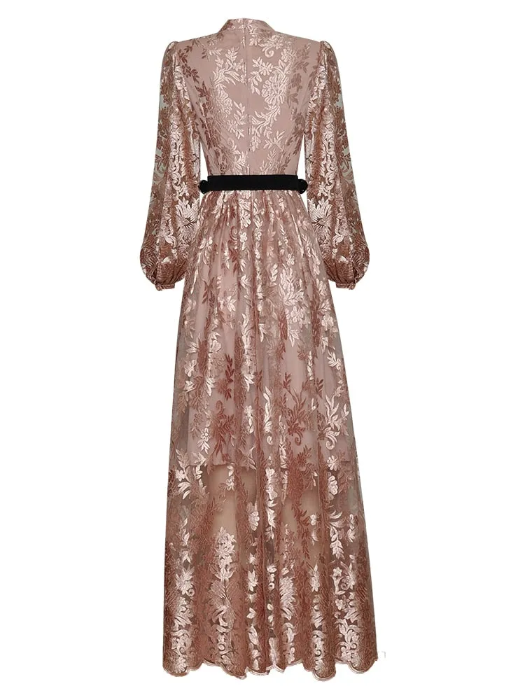 Amara Lantern Sleeve Sashes Floral Embroidery Vintage  Dress